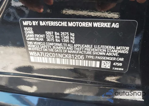 2022 BMW 750 I xDrive from USA, damaged, VIN WBA7U2C01NCK81206